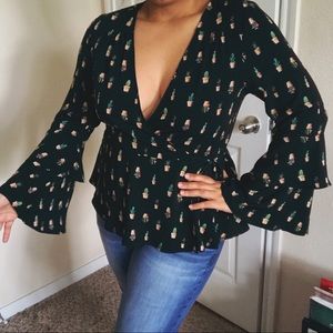 Francesca’s Cactus Print Bell Sleeve Top